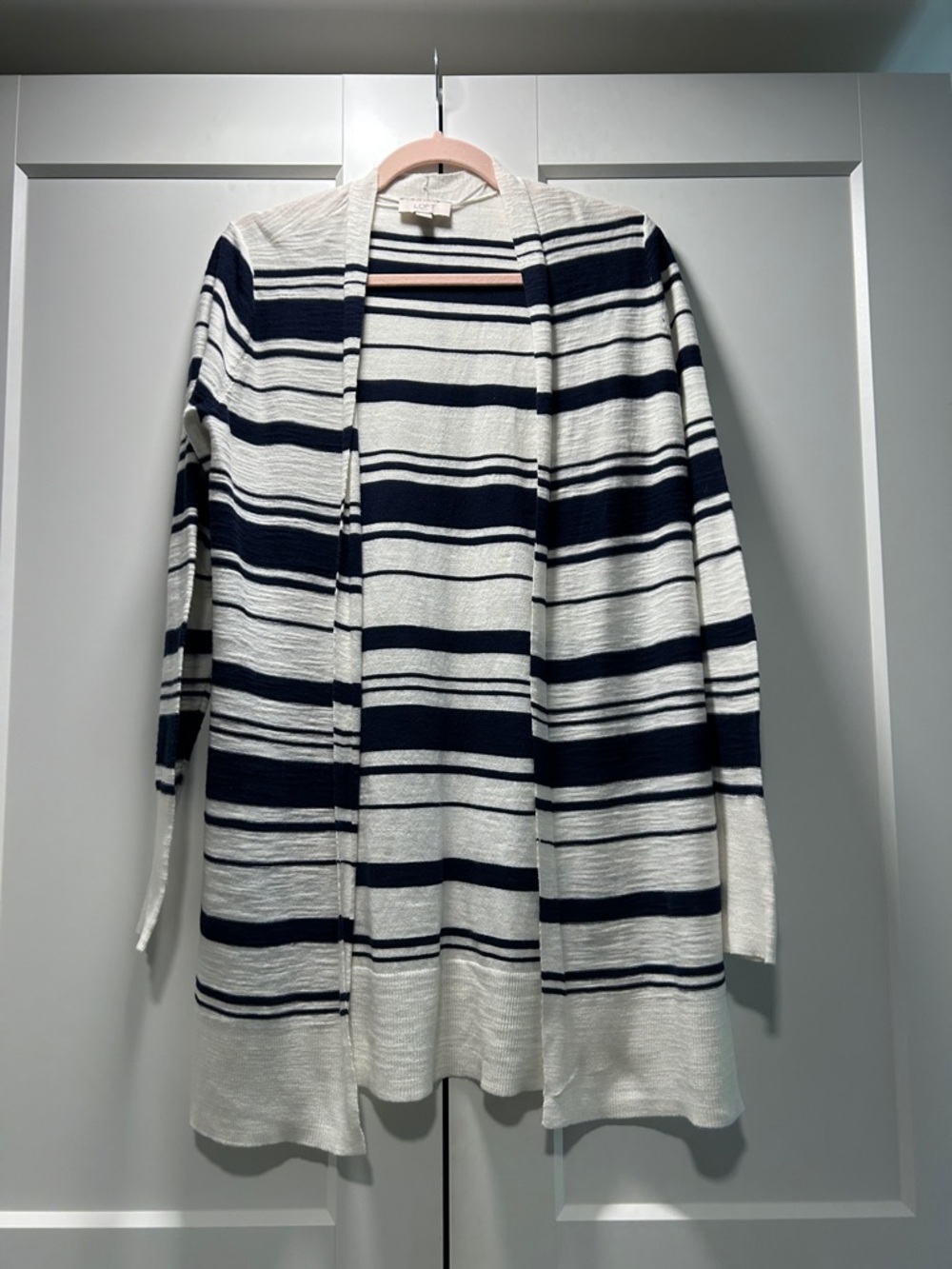 LOFT Navy & White Striped Light Weight Knit Spring/Summer Open-Front Cardigan